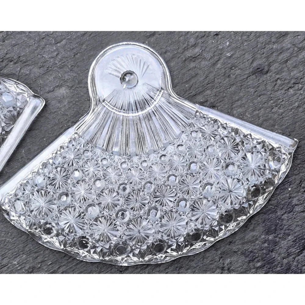 1960's Anchor Hocking Clear Fan Shaped Snack & Drink Plates Daisy and Button 2pc